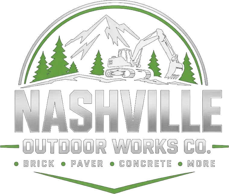 The Nashville Outdoor Works Co. badge: mountains, pines and an excavator above the words Brick, Paver, Concrete, More