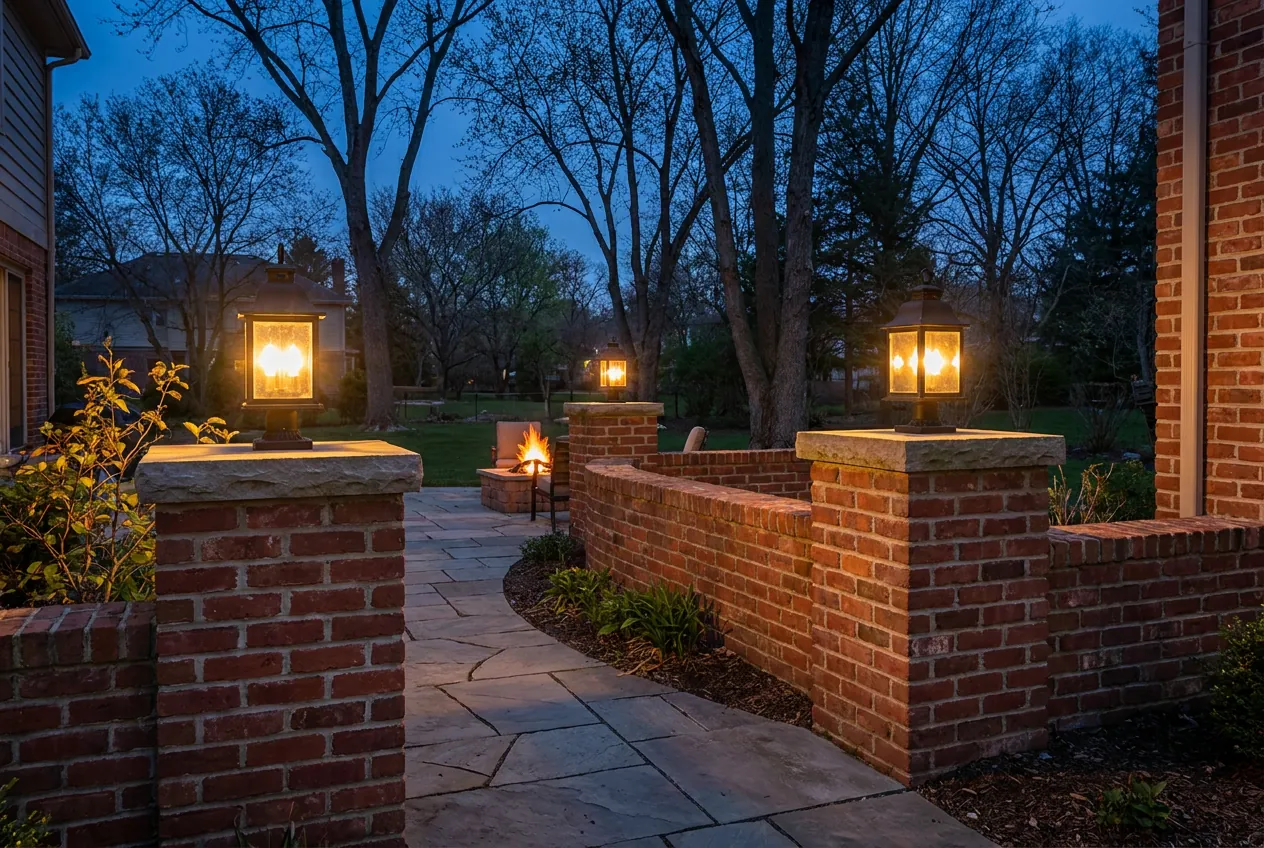A red brick garden wall with capped columns and lit lanterns framing a front walkway at blue hour