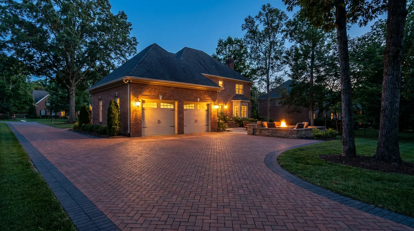 Clay brick paver driveway with a herringbone field and a charcoal border in the evening