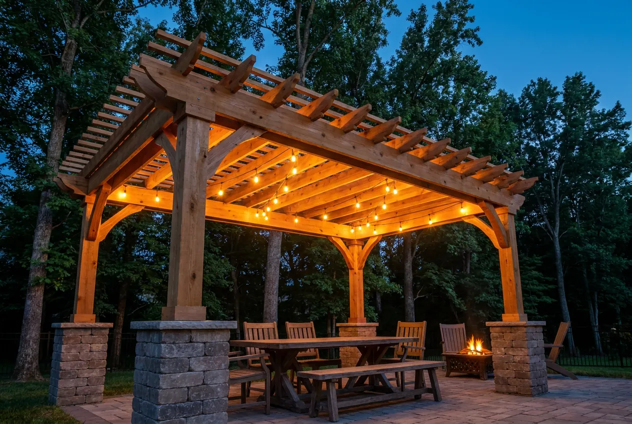 Cedar pergola over a paver patio with string lights and a dining table at dusk