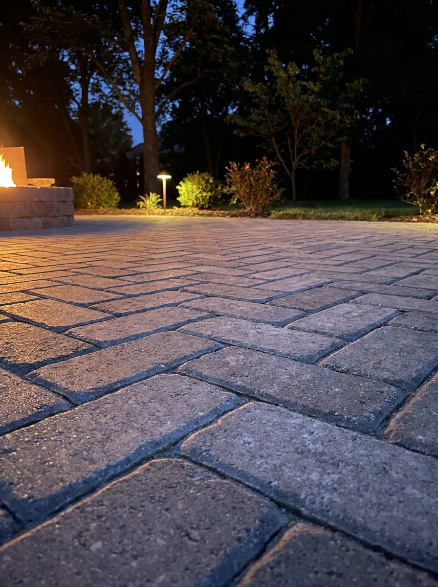 Gray concrete pavers in a herringbone pattern, close up