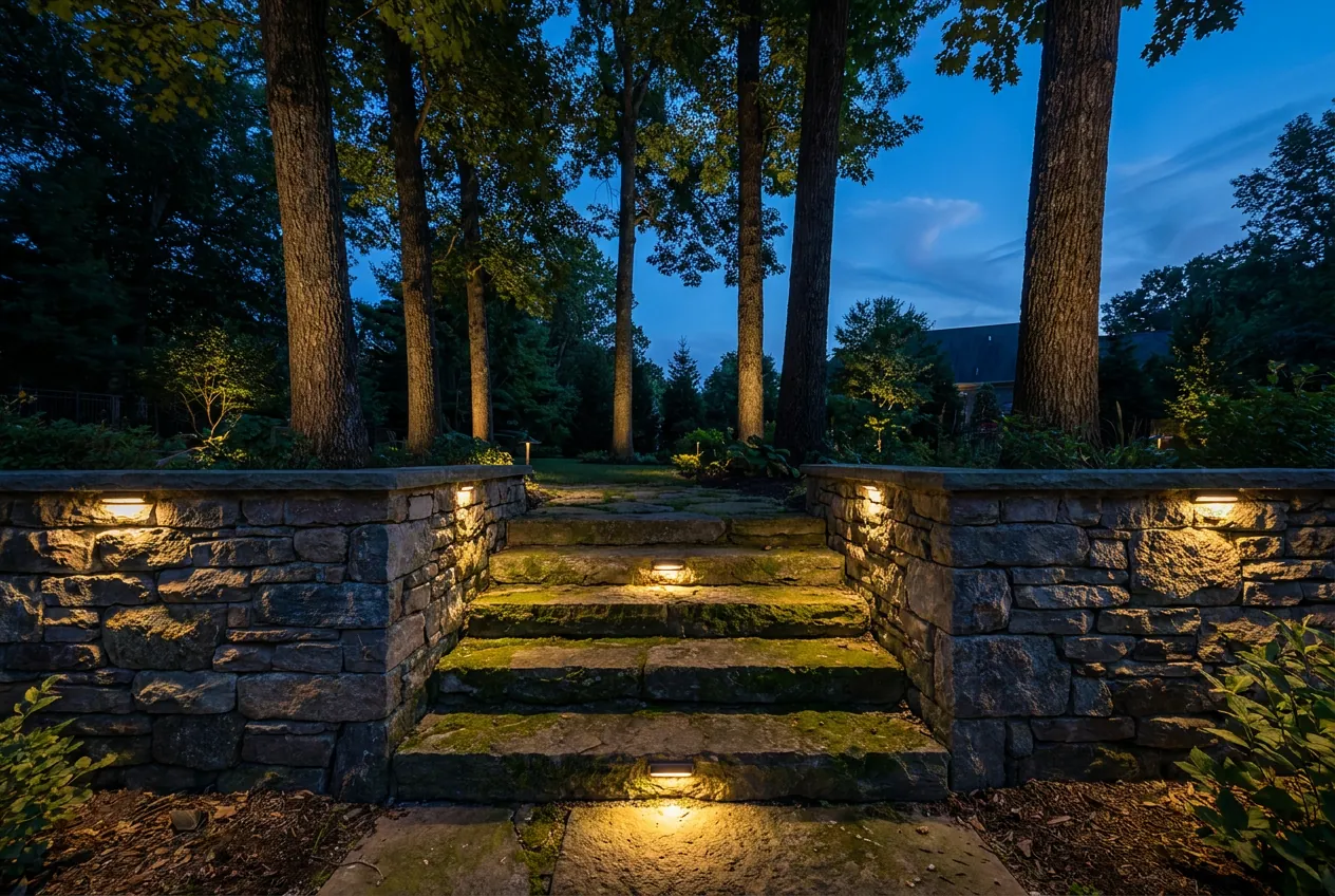 Low-voltage step lights and wall lights on natural stone steps and a retaining wall at night