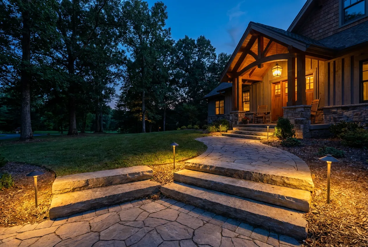 Paver walkway with wide stone steps and path lights leading to a front porch