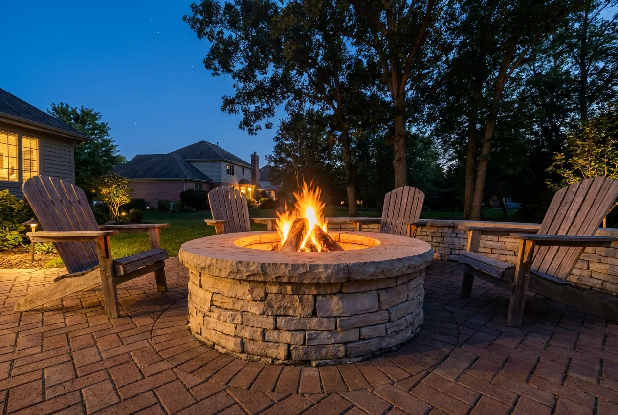 Round limestone fire pit burning on a brick paver patio with Adirondack chairs