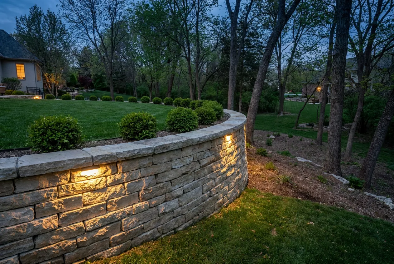 A stacked limestone retaining wall curving along a sloped backyard, lit along its face at dusk