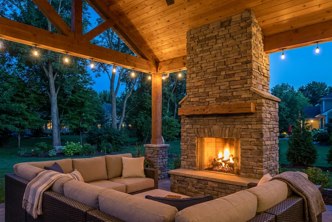 A stacked stone outdoor fireplace with a raised hearth under a covered patio, fire lit