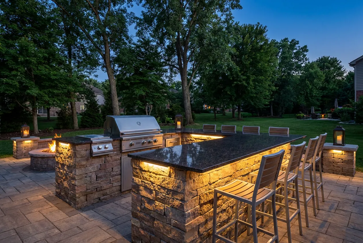 Stone outdoor kitchen island with a built-in grill and granite counter on a paver patio