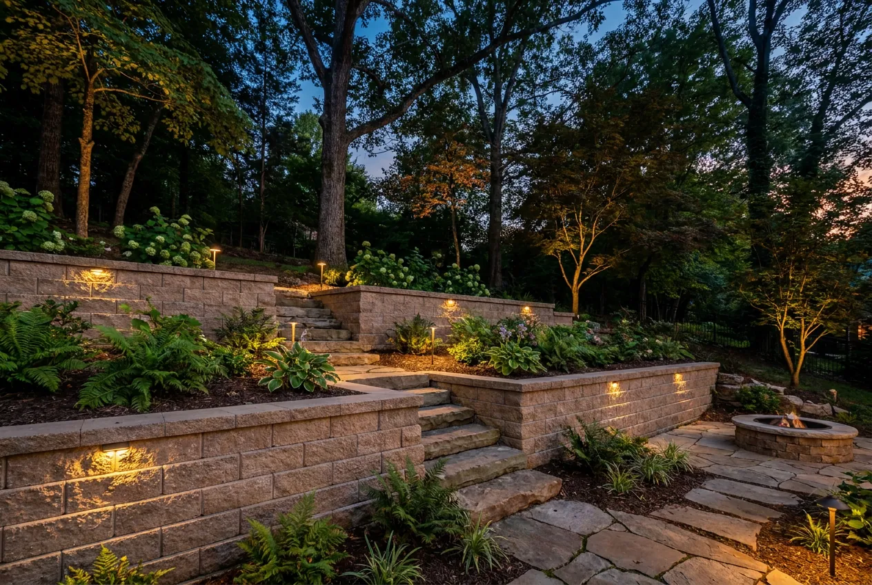 Two terraced segmental block retaining walls with steps between them on a hillside lot