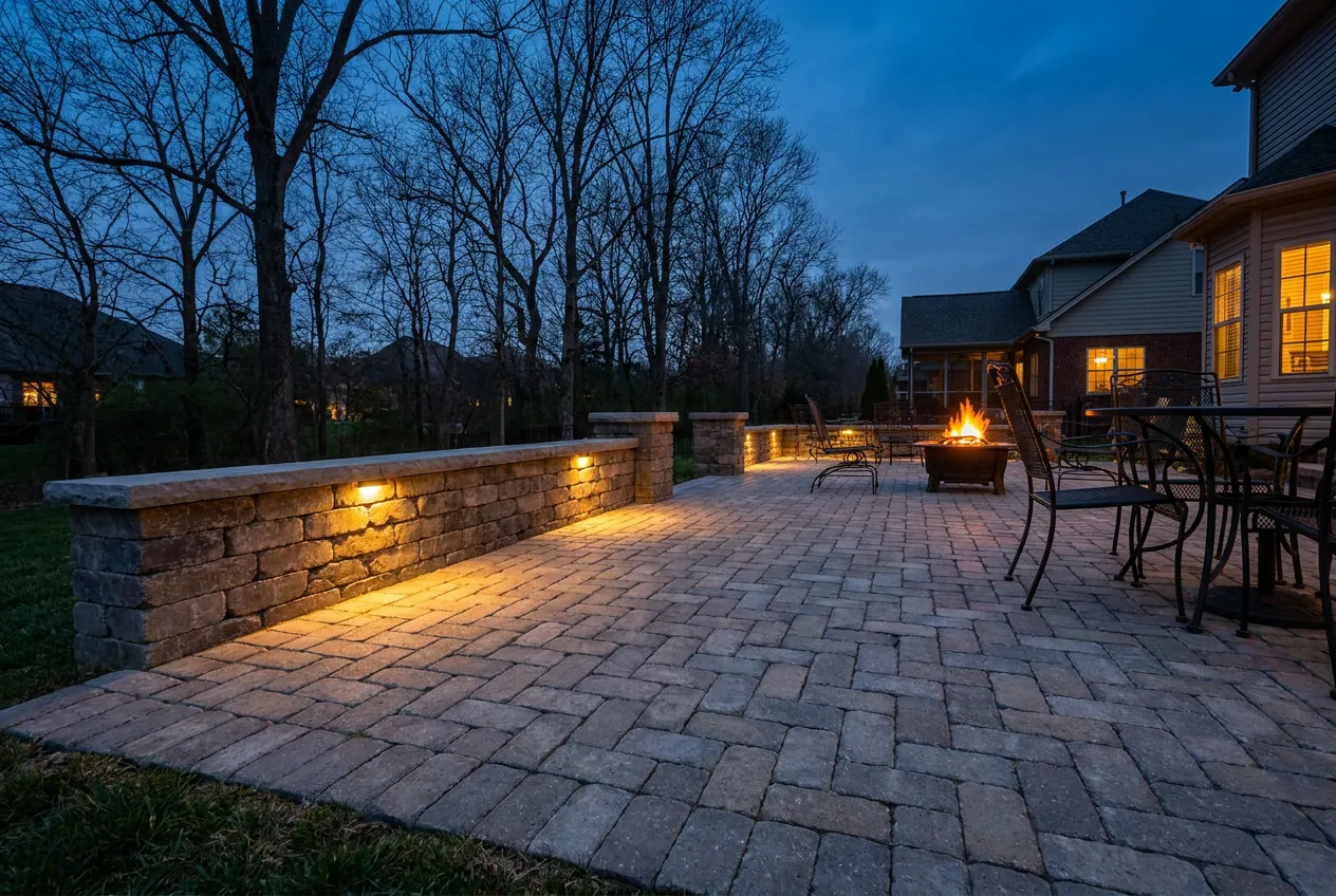 Tumbled gray and tan paver patio in a herringbone pattern with a stone seat wall at dusk